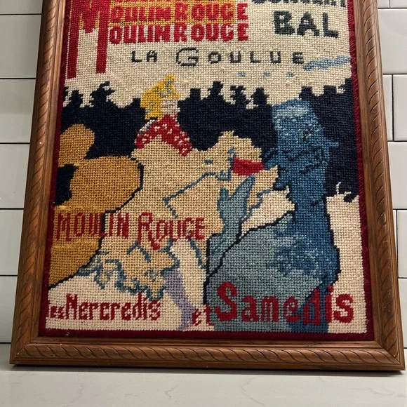 Vintage Framed Crewelwork Bridge Moulin Rouge La Goulue Original Needlepoint - Picture 2 of 8